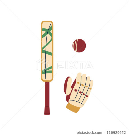 Cricket equipment isolated on white background. Bat, ball and cricket glove. Vector hand drawn illustration 116929652