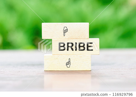 Bribe economic, business concept. Bribe word on wooden bars against a background of green plants without focus 116929796