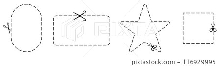 Cut here icon. Set of scissors cutting shape, paper cut here icon with dotted line for ticket, coupon, promo code. 116929995