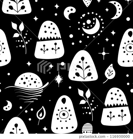 Seamless neo folk art vector pattern with mountains, moon and flowers, black and white floral design. Neo folk style endless background perfect for textile design. 116930000