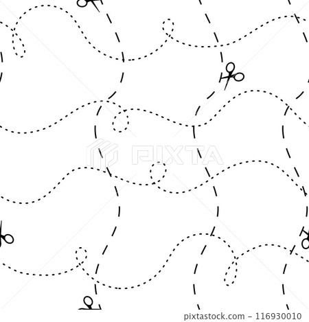Cut here seamless pattern. Vector scissors with dotted lines, paper cut here seamless pattern for ticket, coupon, promo code. 116930010