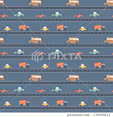 Kids seamless pattern with car, bus and road. Perfect for fabric , digital paper, cards. 116930011