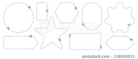 Cut here icon. Set of scissors cutting shape, paper cut here icon with dotted line for ticket, coupon, promo code. Cut here icon. Set of scissors cutting shape, paper cut here icon with dotted line for ticket, coupon, promo code. 116930013