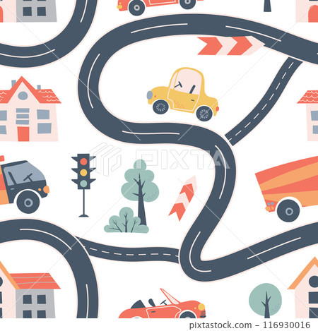 Kids seamless pattern with car, bus and road. Perfect for fabric , digital paper, cards. Kids seamless pattern with car, bus and road. Perfect for fabric , digital paper, cards. 116930016