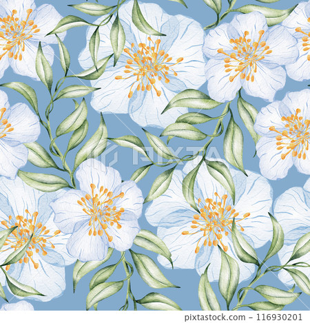 Seamless watercolor floral pattern - green leaves and branches composition on white background, perfect for wrappers, wallpapers, postcards, greeting cards, wedding invitations, romantic events. Seamless watercolor floral pattern - green leaves and branches composition on white background, perfect for wrappers, wallpapers, postcards, greeting cards, wedding invitations, romantic events. 116930201