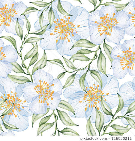 Seamless watercolor floral pattern - green leaves and branches composition on white background, perfect for wrappers, wallpapers, postcards, greeting cards, wedding invitations, romantic events. Seamless watercolor floral pattern - green leaves and branches composition on white background, perfect for wrappers, wallpapers, postcards, greeting cards, wedding invitations, romantic events. 116930211
