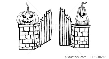 Vector old abandoned cemetery gate with halloween scary pumpkins with black eyes. Hand painted linear fence illustration. Graphic monochrome tombstone art for tattoo, symbol of death, horror. Isolated 116930286
