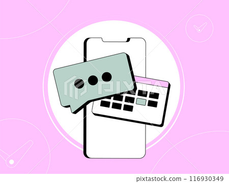 Mobile Chat History - how to find, restore and manage message history in social media messenger apps. Vector illustration with icons on pink background Mobile Chat History - how to find, restore and manage message history in social media messenger apps. Vector illustration with icons on pink background 116930349
