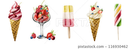 Glass bowl with full of berries, soft strawberry, cherry, raspberry ice cream and crispy waffle cones. Hand painting sweet watercolor illustration isolated on background. For designers, menu, shop, Glass bowl with full of berries, soft strawberry, cherry, raspberry ice cream and crispy waffle cones. Hand painting sweet watercolor illustration isolated on background. For designers, menu, shop, 116930462