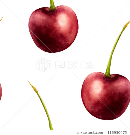 Seamless pattern with sweet ripe cherry. Hand painting red macro watercolor illustration isolated on background. For designers, menu, shop, decoration, restaurant, for postcards, wrapping paper, Seamless pattern with sweet ripe cherry. Hand painting red macro watercolor illustration isolated on background. For designers, menu, shop, decoration, restaurant, for postcards, wrapping paper, 116930475