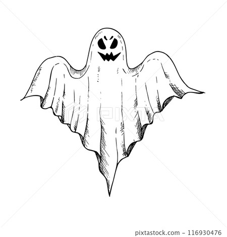 Vector halloween scary ghost. Hand painted linear phantom silhouette illustration. Graphic monochrome spooky monster for tattoo, magical hand painting for holiday, horror. Isolated on background. For Vector halloween scary ghost. Hand painted linear phantom silhouette illustration. Graphic monochrome spooky monster for tattoo, magical hand painting for holiday, horror. Isolated on background. For 116930476