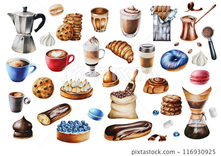 Geyser coffee maker, chocolate bar in foil, candy, blueberry tartlet, latte in a glass mug, espresso, eclair, chocolate chip cookie, macaroon, meringue, marshmallow, croissant. Hand painting watercolo Geyser coffee maker, chocolate bar in foil, candy, blueberry tartlet, latte in a glass mug, espresso, eclair, chocolate chip cookie, macaroon, meringue, marshmallow, croissant. Hand painting watercolo 116930925