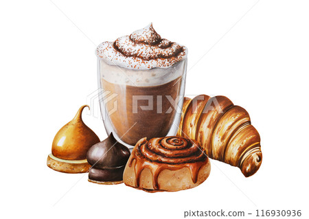 Fluffy foam mocha illustration coffee in a glass cup with cinnamon bun, marshmallows in chocolate, croissant. Hand painting on isolated background. For designers, menu, shop, bar, bistro, restaurant, Fluffy foam mocha illustration coffee in a glass cup with cinnamon bun, marshmallows in chocolate, croissant. Hand painting on isolated background. For designers, menu, shop, bar, bistro, restaurant, 116930936