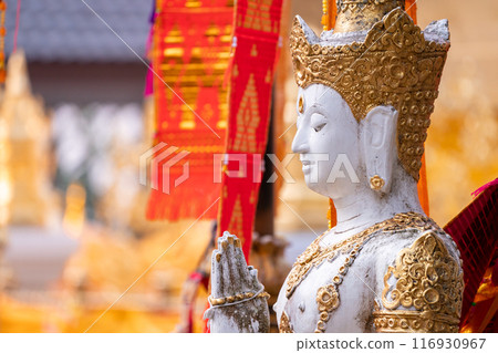 Asia Angel Statue in front of Tung Tree, Traditional Believe of the Victory and Brightness in that area, Wat Phra That Doi Tung, Famous Place in North of Thailand. 116930967