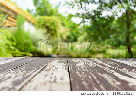 old wooden board floor which blurred green garden and pond background old wooden board floor which blurred green garden and pond background 116931022