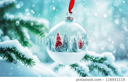 A transparent white glass New Year's ball hangs on a red ribbon on a green branch covered with snow. Light blue background with bokeh effect and snowflakes in blurred focus 116931119