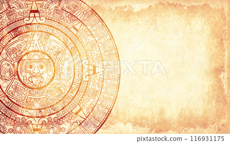 Horizontal background with Maya calendar and paper texture. Mock up template. Copy space for text Horizontal background with Maya calendar and paper texture. Mock up template. Copy space for text 116931175