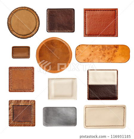 Set of leather elements. Isolated on white background. Collection of leather tag and label of beige, gray and brown color 116931185