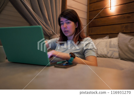 Woman Working on Laptop at Night 116931270