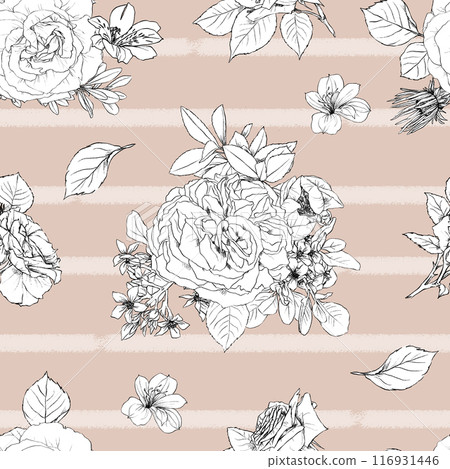 Hand drawn pencil graphic illustration seamless pattern of vintage flowers 116931446