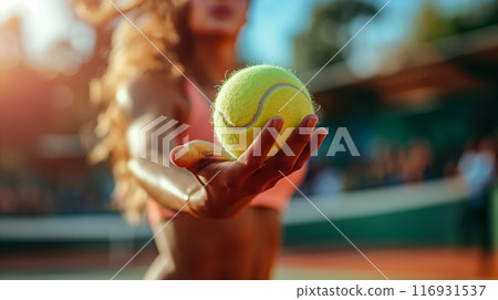 Woman Holding Tennis Ball on Court During Sunny Day. Generative AI 116931537