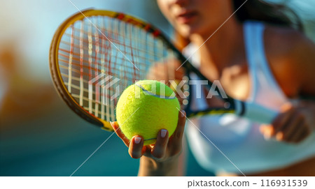 Woman Holding Tennis Ball on Court During Sunny Day. Generative AI 116931539