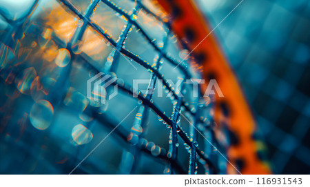 Close Up of a Tennis Racquet String Pattern at Sunset. Generative AI Close Up of a Tennis Racquet String Pattern at Sunset. Generative AI 116931543