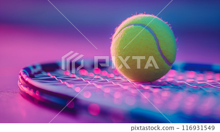 Tennis Ball and Racquet on Pink Background. Generative AI 116931549