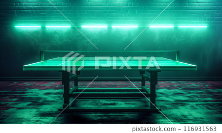 Green Ping Pong Table in Neon Lit Brick Room. Generative AI 116931563