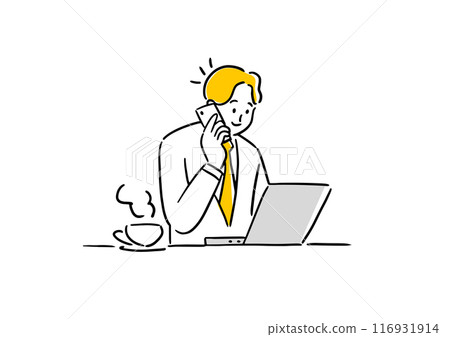 Businessman making a phone call in front of a laptop Businessman making a phone call in front of a laptop 116931914