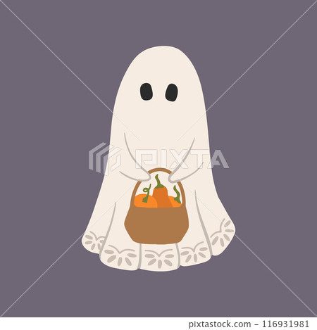 Cute vintage ghost vector illustration. Whimsical cartoon Halloween character holding pumpkins in basket. Hand drawn funny countryside ghost for cozy seasonal trick or treat designs, cards Cute vintage ghost vector illustration. Whimsical cartoon Halloween character holding pumpkins in basket. Hand drawn funny countryside ghost for cozy seasonal trick or treat designs, cards 116931981