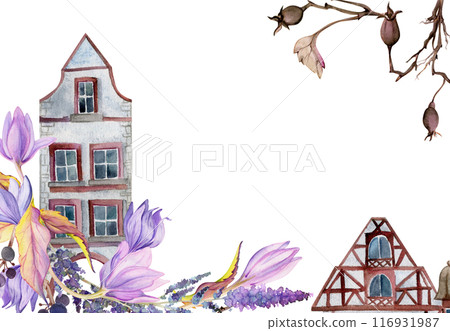 Old European city town street houses facades, lavender crocus flowers twigs. Historical cityscape building. Watercolor hand drawn border frame. Tourist shops, souvenirs, travel brochures, real estate Old European city town street houses facades, lavender crocus flowers twigs. Historical cityscape building. Watercolor hand drawn border frame. Tourist shops, souvenirs, travel brochures, real estate 116931987