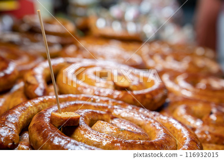 Sai Aua, Northern Thailand Spicy Sausage is a famous Traditional Local saurage cooked with curry and herb, lay on shop and ready for sales. Sai Aua, Northern Thailand Spicy Sausage is a famous Traditional Local saurage cooked with curry and herb, lay on shop and ready for sales. 116932015