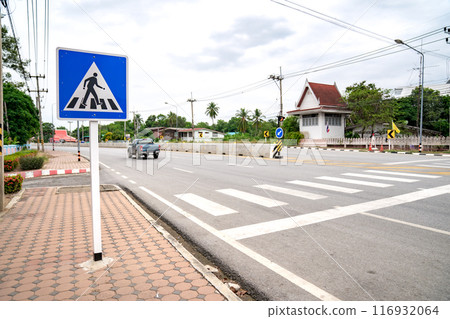 Zebra cross sign beside the road at Thailand. Zebra cross sign beside the road at Thailand. 116932064