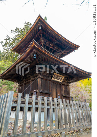 Kyoto, Japan - January 8, 2024: Jojakko-ji Temple, a Buddhist temple temple in the quiet forest of Ukyo District, Kyoto, Japan Kyoto, Japan - January 8, 2024: Jojakko-ji Temple, a Buddhist temple temple in the quiet forest of Ukyo District, Kyoto, Japan 116932111