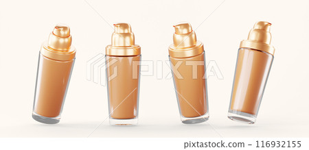 3d set of cosmetic foundation glass pump bottle mockup. Transparent clear container with gold dispenser, liquid concealer, base, brown bb cream for makeup isolated on beige background. 3D illustration 116932155