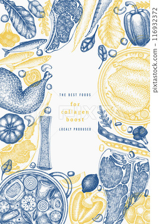 Collagen Diet Design Template. Vector Hand Drawn Healthy Food Banner. Vintage Style Collagen Bust  Menu Illustration. Collagen Diet Design Template. Vector Hand Drawn Healthy Food Banner. Vintage Style Collagen Bust  Menu Illustration. 116932372