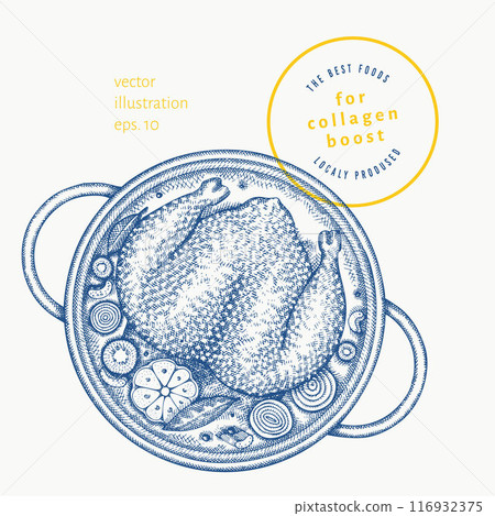 Vector Hand Drawn Chicken Broth Illustration. Collagen Diet Food Illustration. Vintage Style Soup Pot. Vector Hand Drawn Chicken Broth Illustration. Collagen Diet Food Illustration. Vintage Style Soup Pot. 116932375