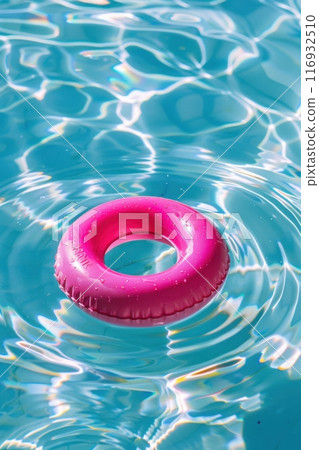 Pink inflatable ring floating in a pool of sparkling blue water on a hot sunny day. Generative AI 116932510