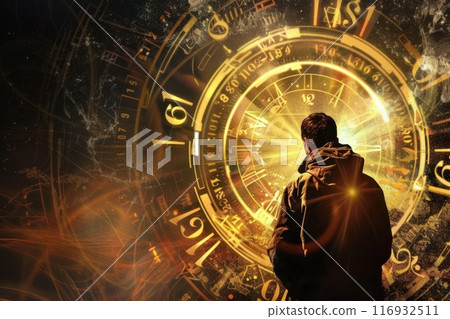 Man standing before large golden circle with numbers. Numerology and esotericism. Generative AI 116932511