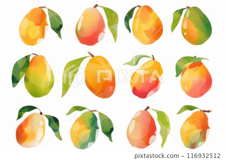Illustration set of watercolor mangoes with lush green leaves on a white background. Generative AI 116932512