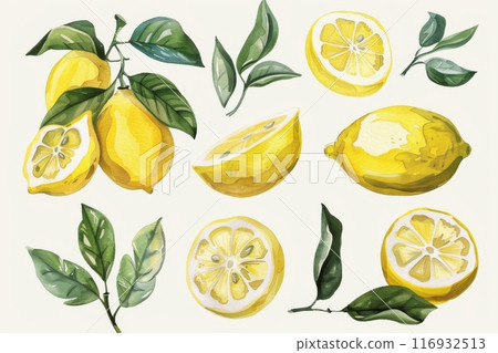 Watercolor illustration set of lemons and leaves. Whole lemons, halves and slices. Generative AI 116932513