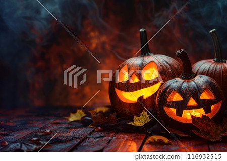 Festively carved jack-o-lanterns glowing brightly among colorful autumn leaves. Generative AI 116932515