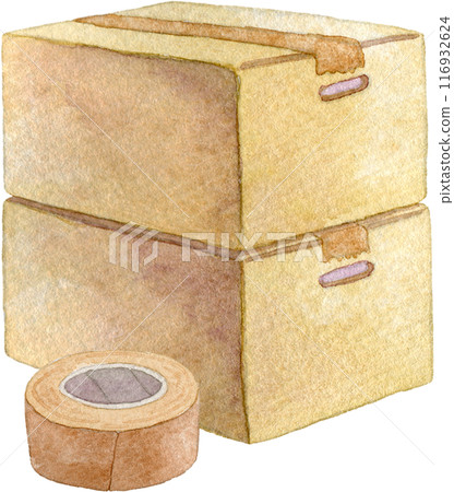 Watercolor illustration of stacked cardboard boxes and duct tape Watercolor illustration of stacked cardboard boxes and duct tape 116932624