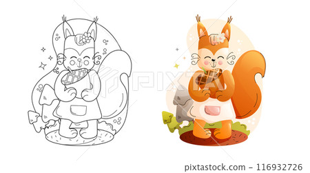Cute Squirrel Coloring Page Black and White and Colored Versions. Childrens animals set. Cute Squirrel Coloring Page Black and White and Colored Versions. Childrens animals set. 116932726
