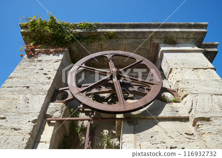 The entrance door and wheel of the Fortress at  Aix island in atlantic ocean 116932732