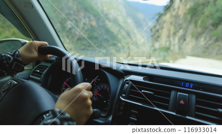 Driving off road car in the canyon road 116933014