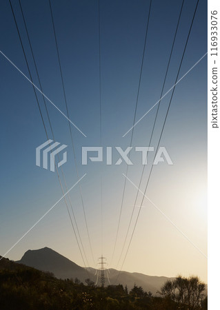 Sunset Panorama of Gran Sasso Mountains with Power Pole Sunset Panorama of Gran Sasso Mountains with Power Pole 116933076