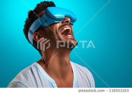 Man in vr glasses on blue background. Virtual reality headset in future technology 116933263