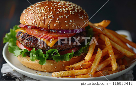Close-up of a tempting cheeseburger with lettuce, tomato, cheese, and fries on the side. Generate AI 116933412